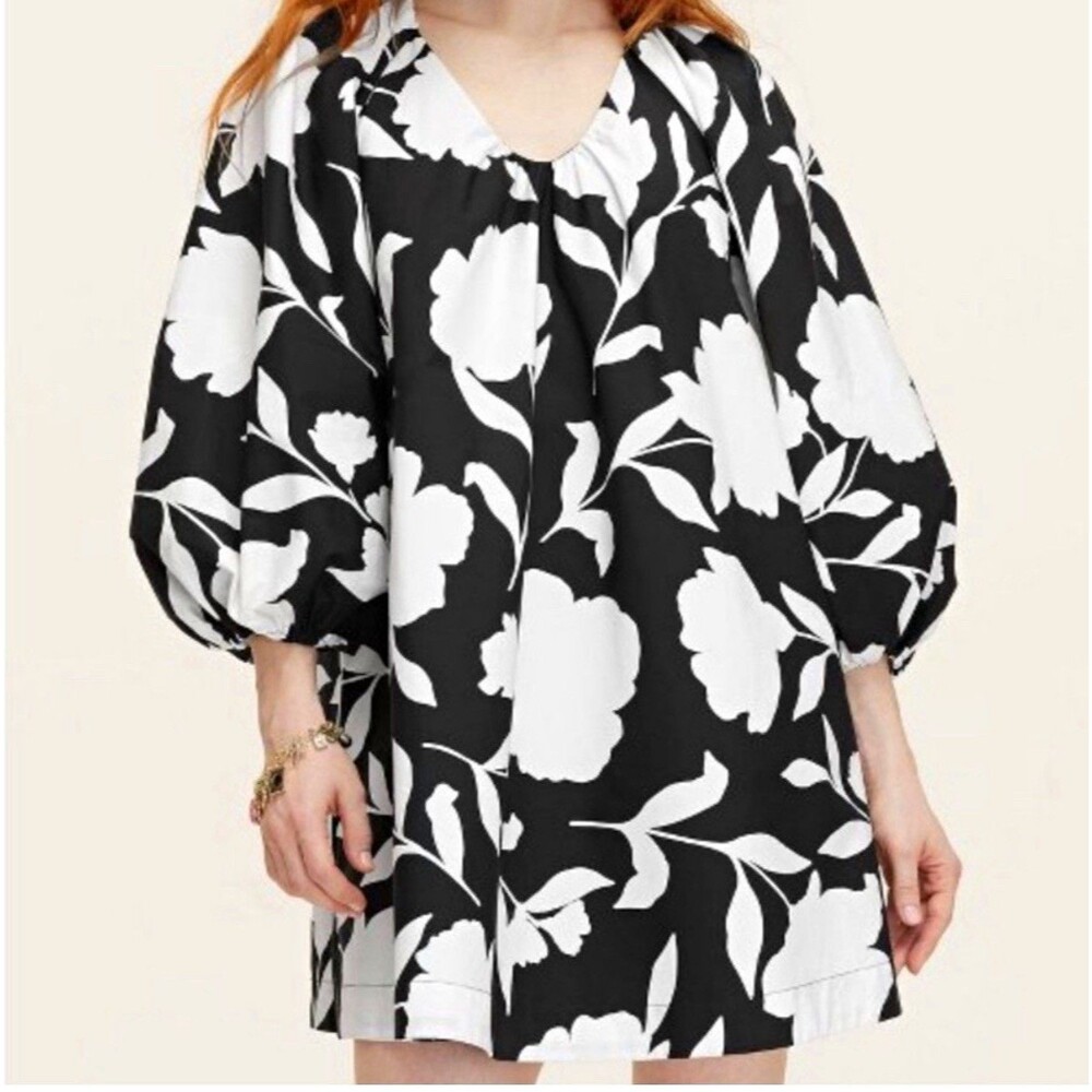 kate spade new york Black White Floral Shift Dress V-Neck 3/4 Balloon S